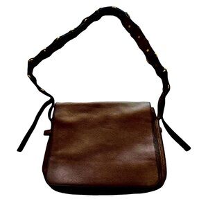CELINE Small Leather Shoulder Crossbody Messenger Bag w/Rivets Brown Vtg Rare